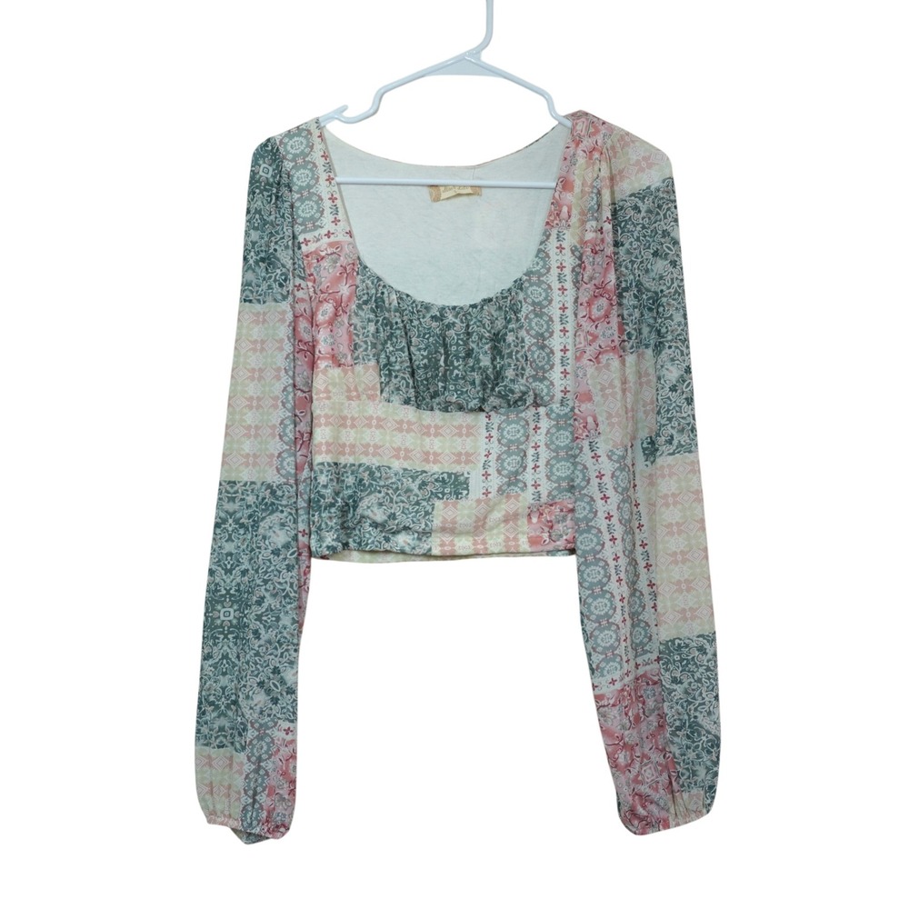 Altar'd State Size Large Patchwork Pastel Boho Crop Top Long Sleeve Shirt NWT